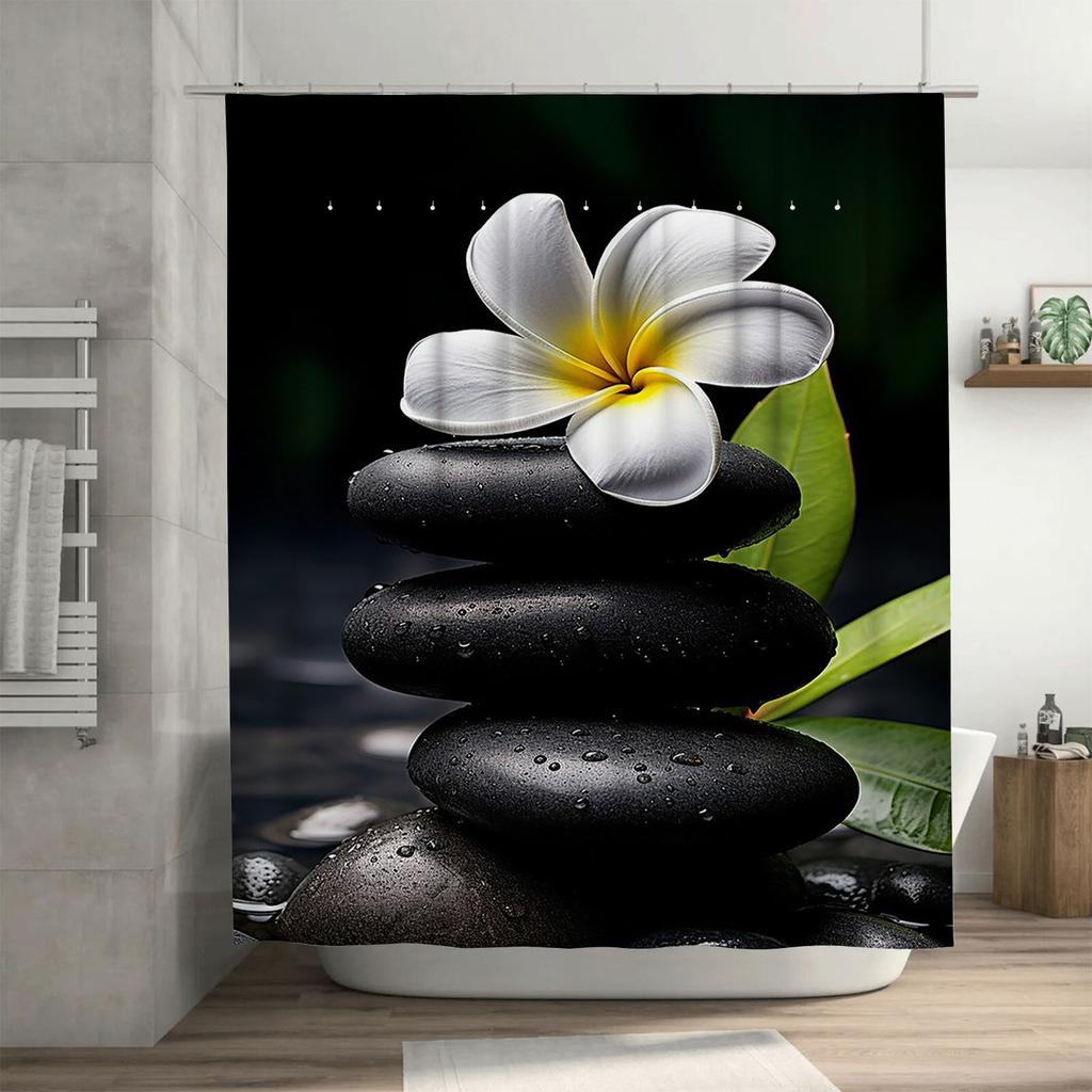 White Flower on Zen Stones Waterproof Shower Curtain Heat Resistant Machine Washable Non-Transparent 180x180cm