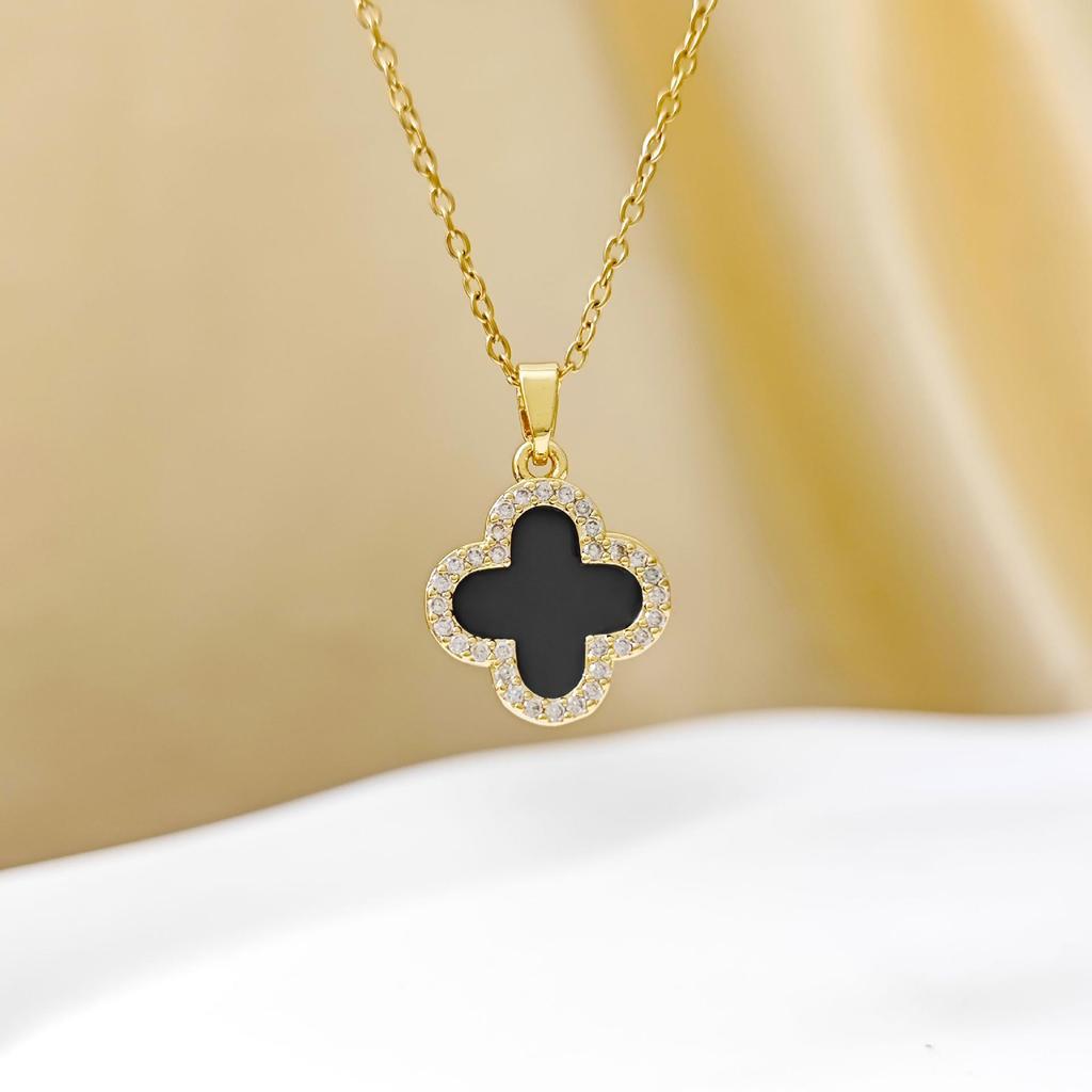 Cross Double Layer Four-Leaf Clover Mother-of-Pearl Necklace - Korean Simple Luxury Style Pendant, Trendy Internet Celebrity Hot Item.