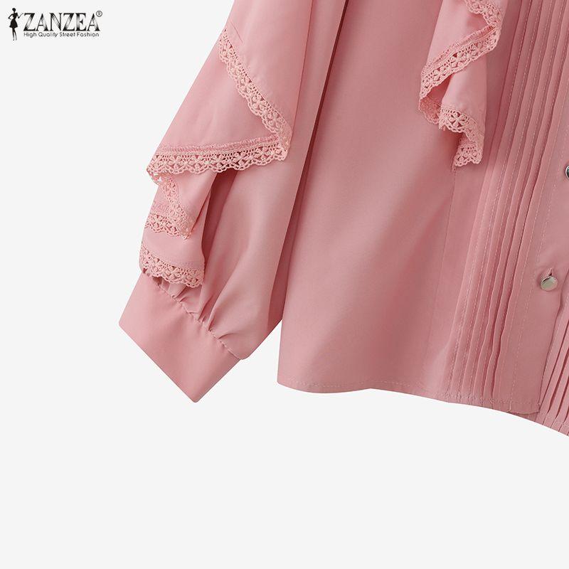 ZANZEA Women Casual Turn Down Collar Loose Ruffles Long Sleeve Blouse