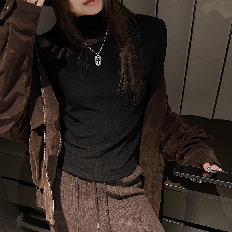 Women S Long Sleeve Slim Fit Mesh Patchwork Basic Top For Autumn Winter
