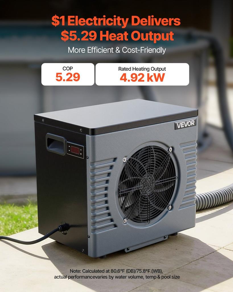 4920 W Pool Heat Pump, Electric Pool Heater for Above Ground Up To 18 M³, Max COP 5.29, Low Noise, GFCI Protection, 15-40 Heating Temperature for