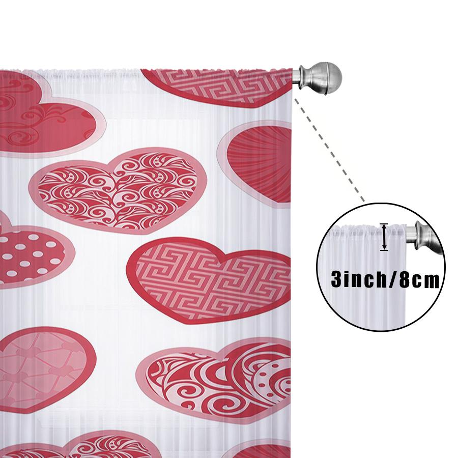 Single Panel White Based Pink Patterned Love Shaped Gauze Curtain Romantic Style Perfect Valentine Day Bedroom Living Room For Area Made Of Polyester