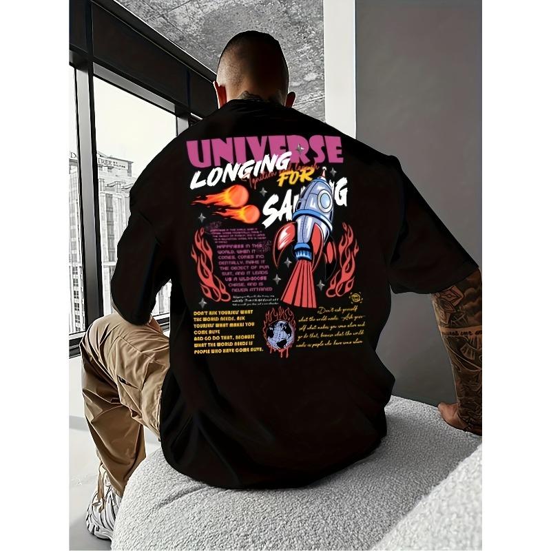

Men s Street Style Rocket Graffiti Print T-Shirt - Casual, Loose Fit with Crew Neck, Breathable, Machine Washable - Perfect for Summer S чёрный
