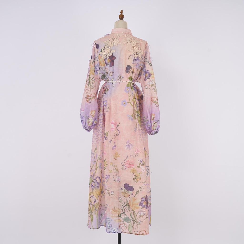 Exquise Robe Maxi Imprimée à Manches Bouffantes avec Détail à Nouer