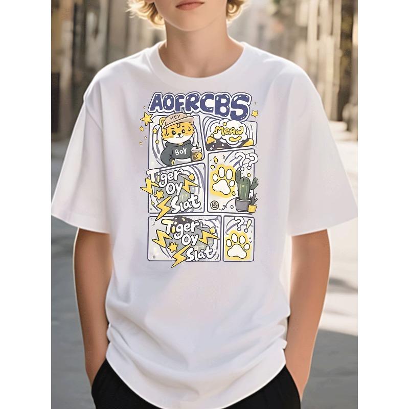 Boys Crewneck T-Shirt, Cartoon Tiger Graphic Trendy Street Style Short Sleeve Casual Tee 110 белый