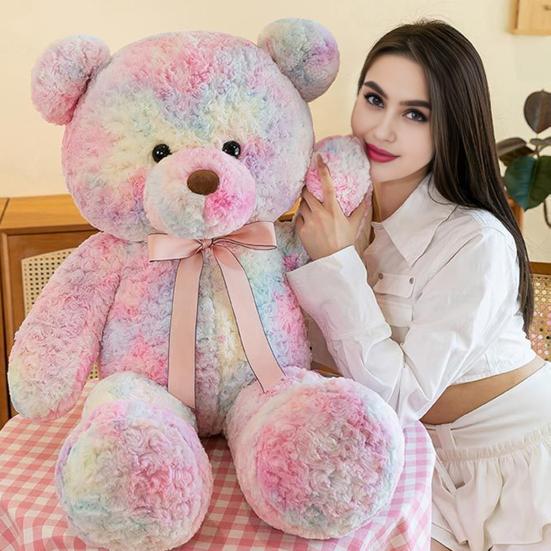 Yousheng Bear Doll Dreamy Gradient Color Giant Size Girl Plush Toy with Bowknot Decor Valentine Day Home Decor