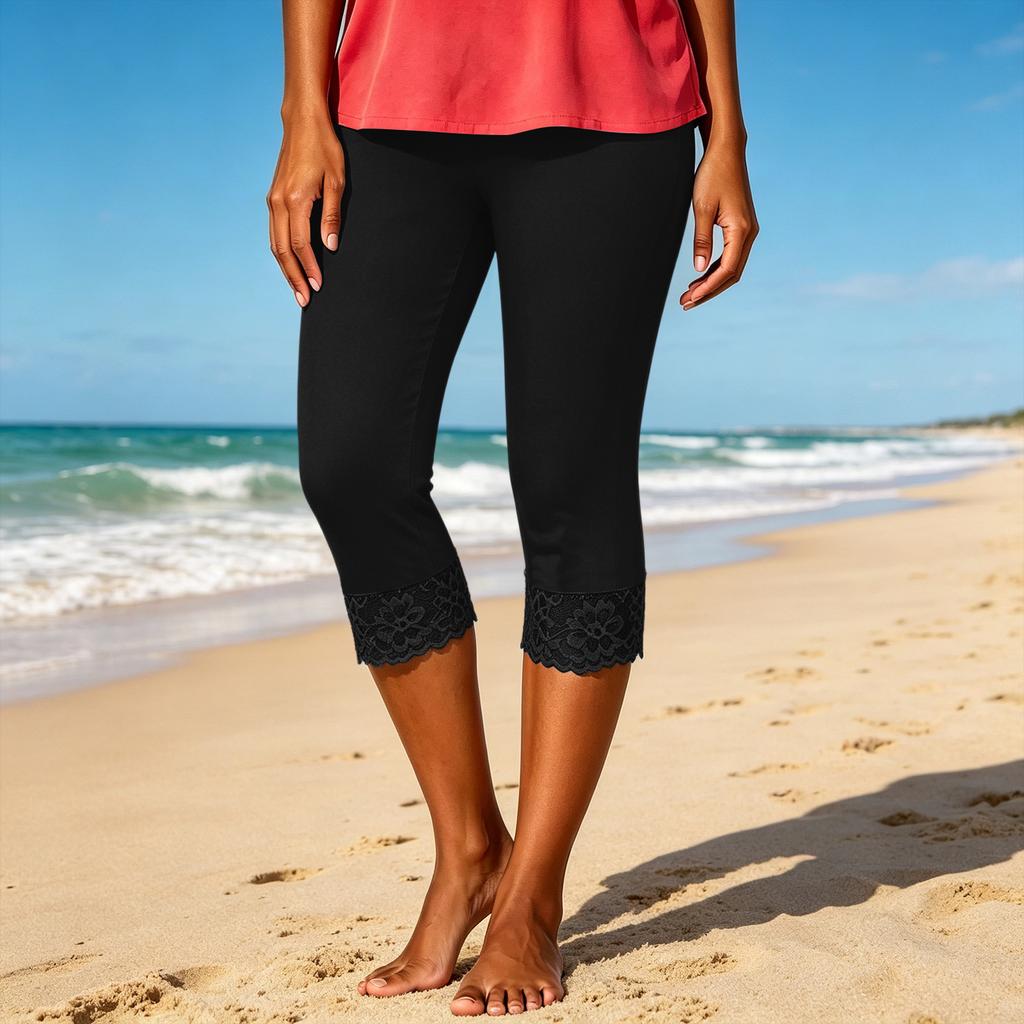 Damen Mode Einfarbig Elastische Taille Caprihose Schmal Geschnitten Spitze Besatz Leggings Freizeit Sporthose