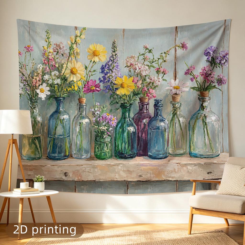 2D Flat - 1pc 2D Printed Tapestry, Large/Small Size, Colorful Wildflowers in Glass Bottles, Aesthetic Wall Decor, Home Decor, Non-Luminous, Suitable f