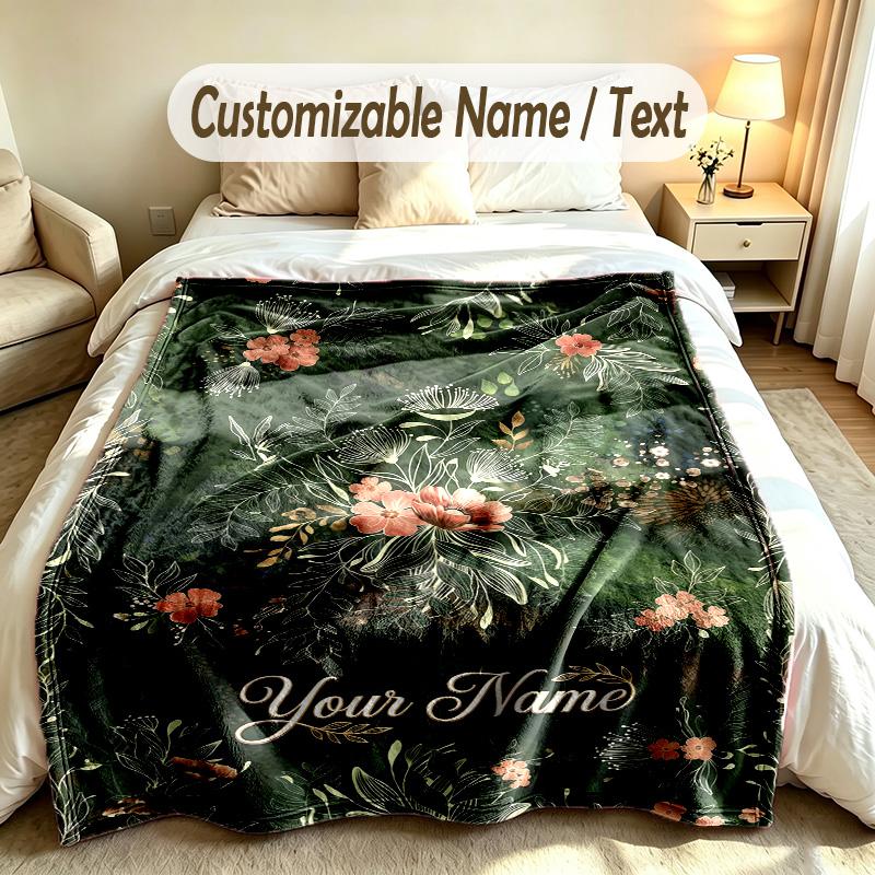 Floral Garden Theme Soft Blanket Personalized Custom Name Text Print Warm Blanket Home Sofa Bedroom Decor