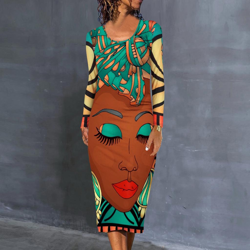 Women's Casual Loose Fit Long Sleeve Dress Crew Neck Printed Pattern Mid-Length Comfortable Fabric Suitable for Everyday Wear