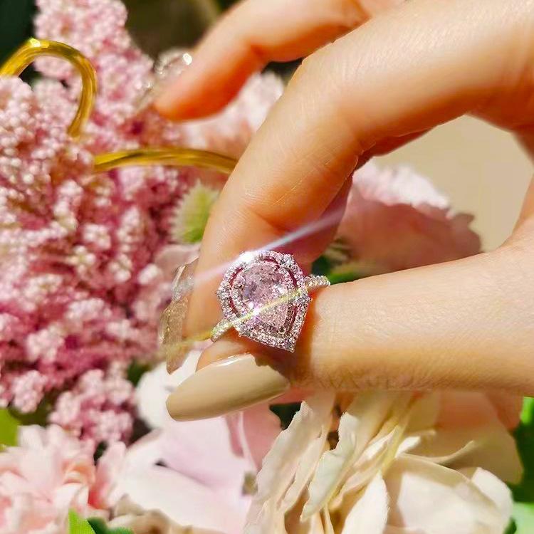 New Luxury Pink Water Drop Lad Diamond Ring Romantic    Open Engagement Valentine'S Day Jewelry Gifts