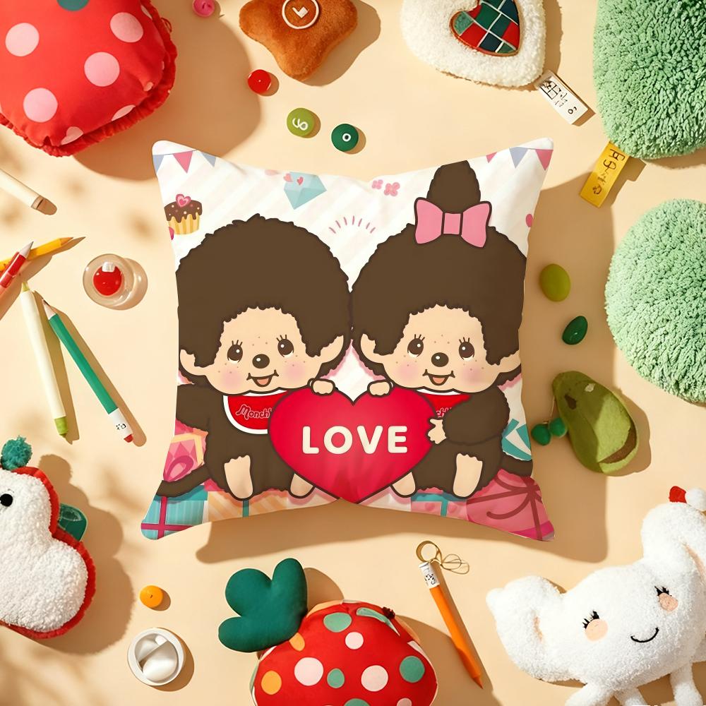Cartoon M-Monchhichis Cushion Cover Plush Fabric Soft Double-Sided Printed Sofa Warm Winter Home Gift Pillow Cover