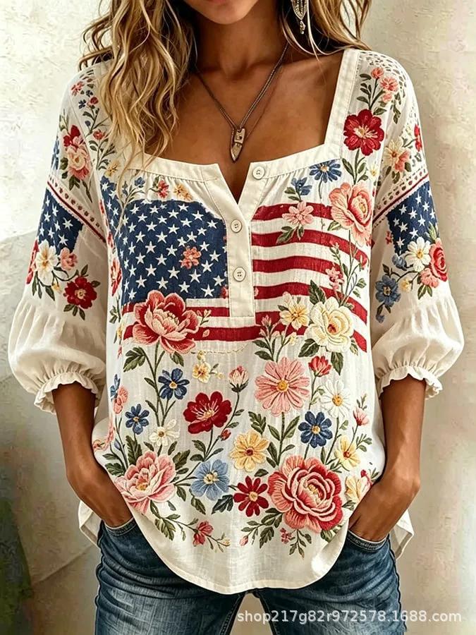 New Xiyin Summer T-Shirt Women's Printed Square Neck Button Bubble Sleeve Women's Top Women's