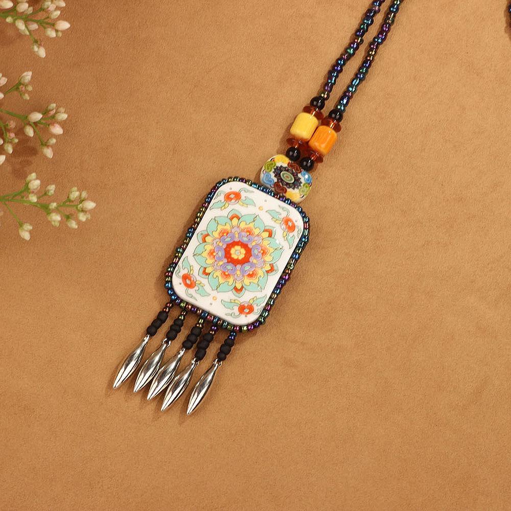 Bohemian Ethnic Long Sweater Chain Necklace for Women, Handmade Woven Retro Tassel Pendant