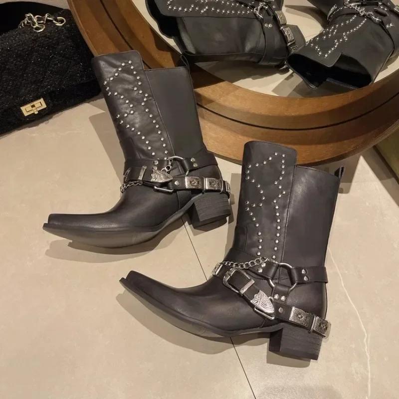 Women's Boots Leather Boots Riveted Belt Buckle Pointed Party Cosplay Fashion Shoes Size 42 Waterproof Outdoor Boots