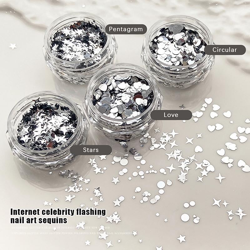 1 Jar Shiny Silver Sequins Mix Shapes Starlight Love Star Slice Decals Manicure Paillette Charms Nail Art Stickers