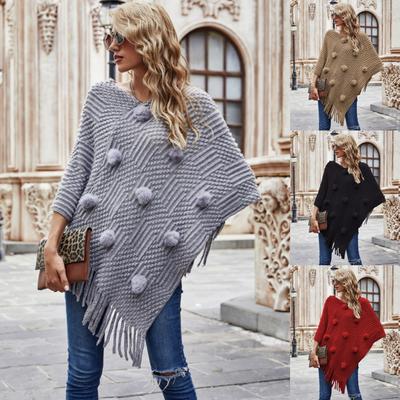 Lässige Mode Damen Gestrickter Fledermaus-Umhang Quasten-Poncho-Umhang Damen Pelzkugel-Pullover Oberbekleidung 5 Farben