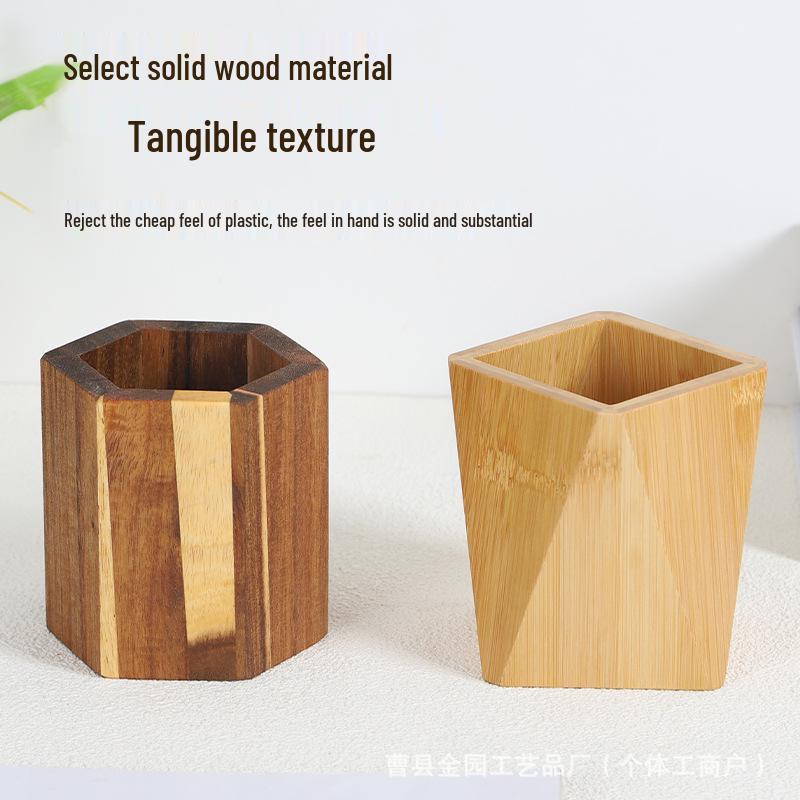 Wooden Rhombus Pen Holder - Creative Solid Wood Desk Organizer for Stationery and Makeup Storage