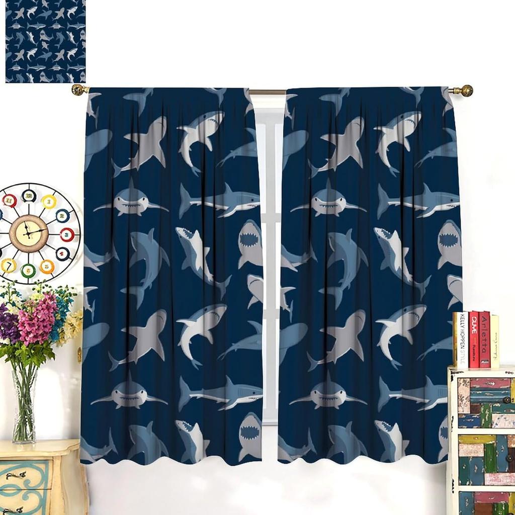Kids Sea Animal Curtains Teens Boys Girls Bedroom Nursery Decor Cartoon Sharks Art Printed Window Drapes Fabric Light Blocking Polyester Sleeping Area