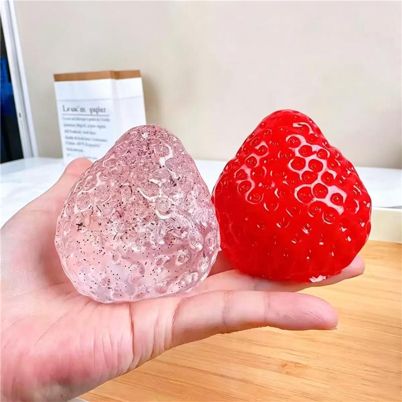 Pink Clear Strawberry Fidget Toy - Glittery Transparent Fruit Squishy for Stress Relief