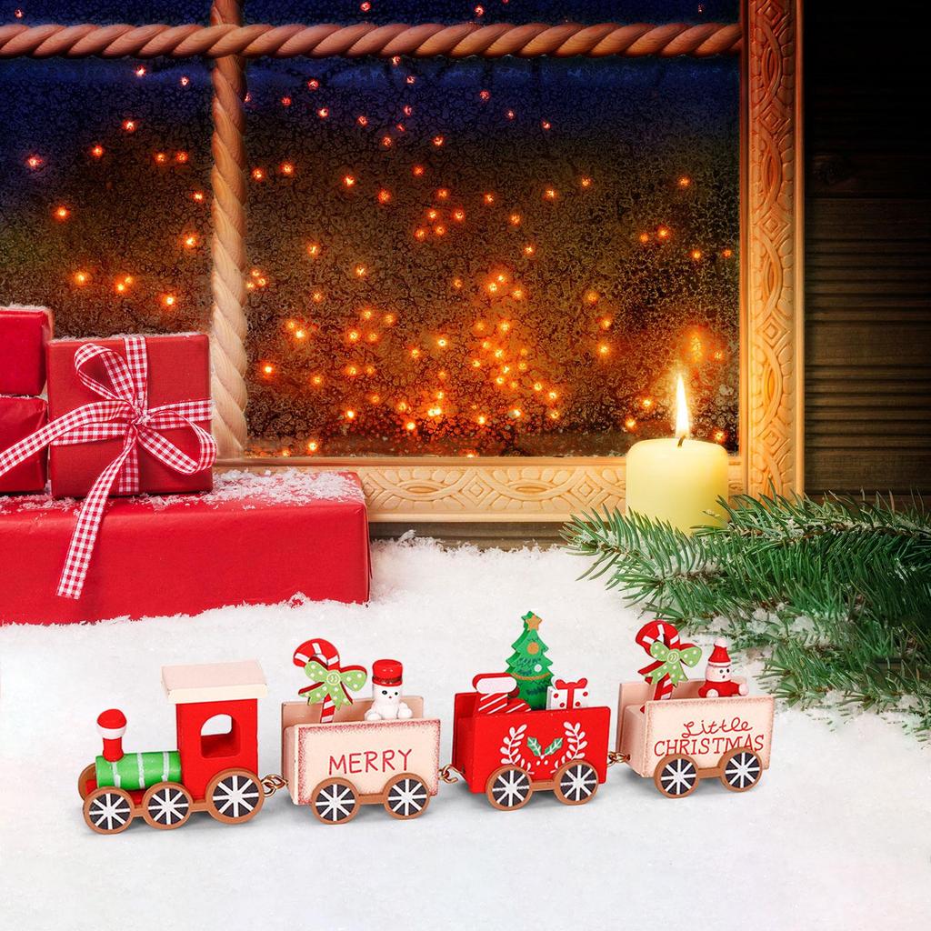 Christmas Wooden Train Ornament Mini Painted Train Snowman Statue Tabletop Decorations for Party Xmas Gifts Merry Christmas