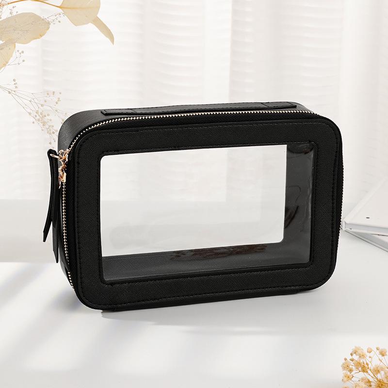 Large Capacity Travel Cosmetic Bag - Dual-Layer, Portable Leather with Transparent PVC, Zippered for Wet & Dry Separation.
