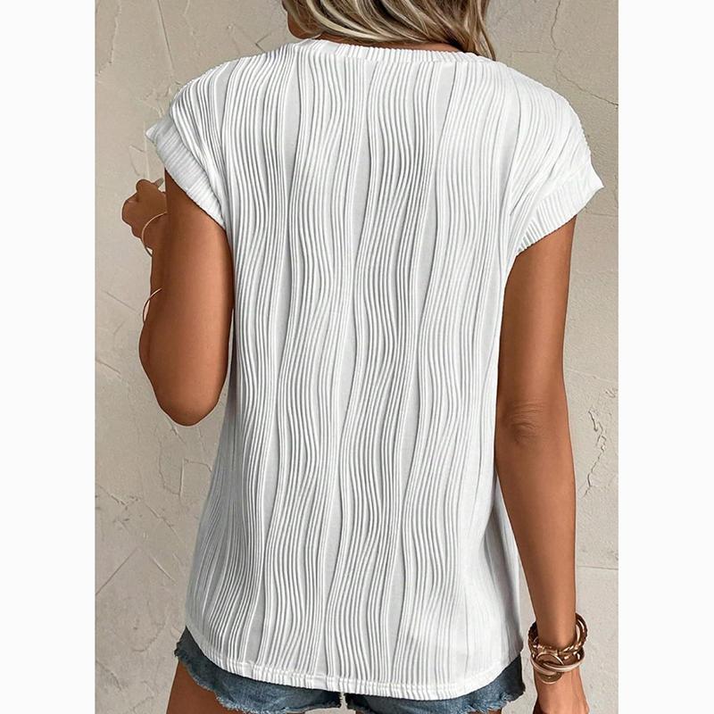 Fashion Tops Women Round Neck Pleated Slim Fit Summer T-shirt Short Flying Sleeve Blouse Women Solid Color Office Lady Tee Shirt 24135