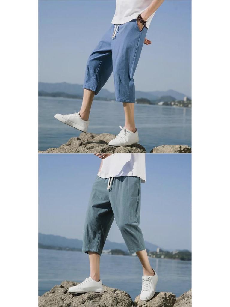 Pantaloni scurți de vară pentru bărbați din in - Bumbac subțire tip mătase de gheață, Lungime 7/8, pentru adolescenți și studenți, Croială lejeră casual
