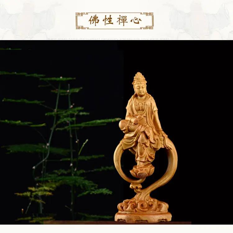 Wooden Guanyin Buddha Bodhisattva Statue Hand-Carved , Buddhism Figure Home Room Office Feng Shui Statue
