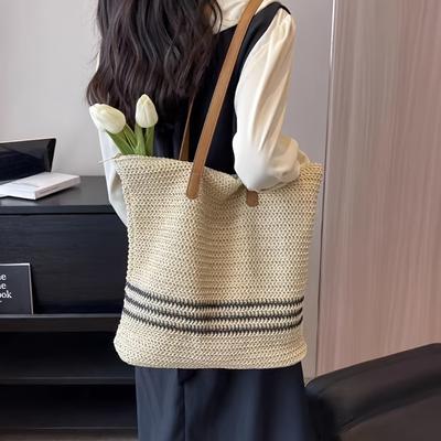 Paper Rope Straw Woven Bag Large Capacity Striped Zipper Woven Woven Bag Shoulder Beach Tote Bag Women