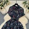 French Vintage Print Lapel Dress Women's Short Sleeve Floral Print High Waist Belt Office Lady Maxi Clothing Female