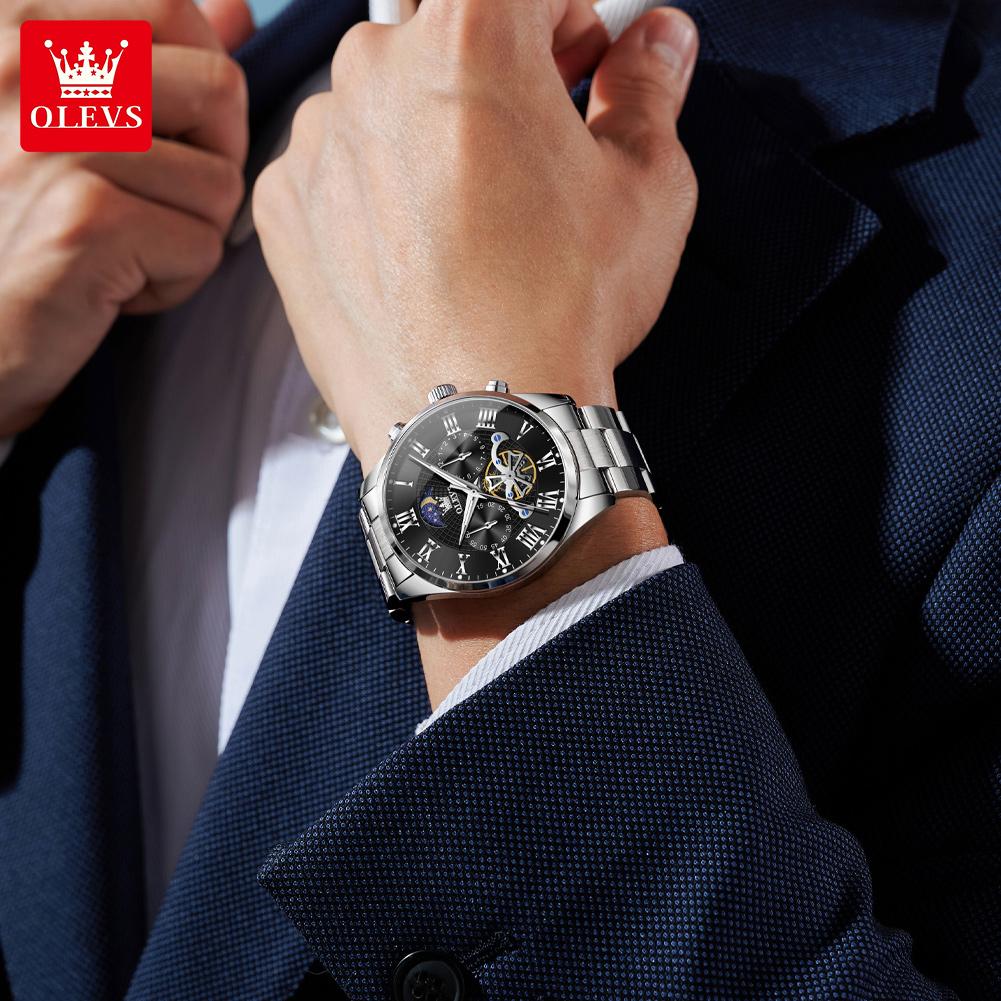 OLEVS Men's Watches Luxury Fashion Fine Steel Original Quartz Wristwatch for Man Flywheel Chronograph Moon Phase Waterproof New