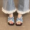 One Pedal Sweet Wind Lace Cross Buckle Bow Slope Heel One-word Drag Women's Summer Non-slip Thick-bottomed Sandals