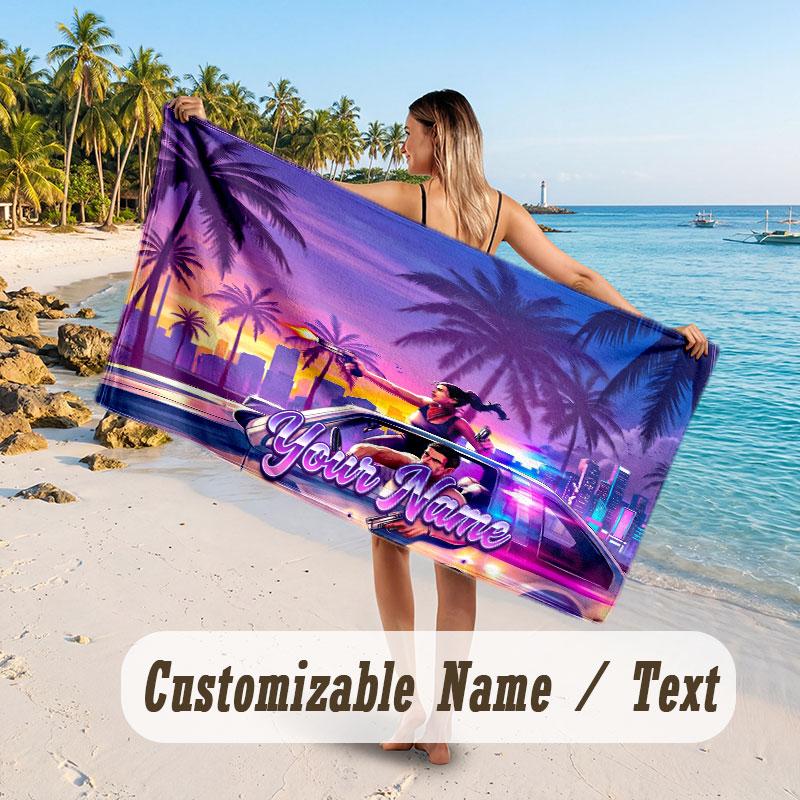 Personalized Beach Towel,GTA Custom Printed Name Text, Super Absorbent Towel For Beach Vacation