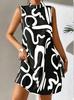 Women's High Neck Sleeveless Abstract Print Loose Fit Mid Waist Casual Mini Dress A Line Dress