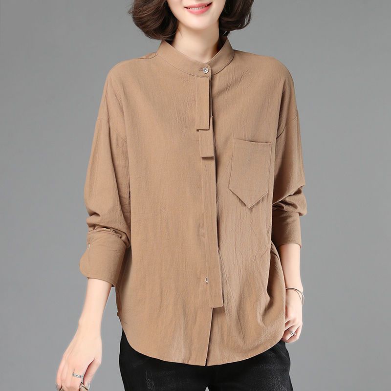 Women Khaki Stand Collar Asymmetrical Placket Long Sleeve Linen Shirt M