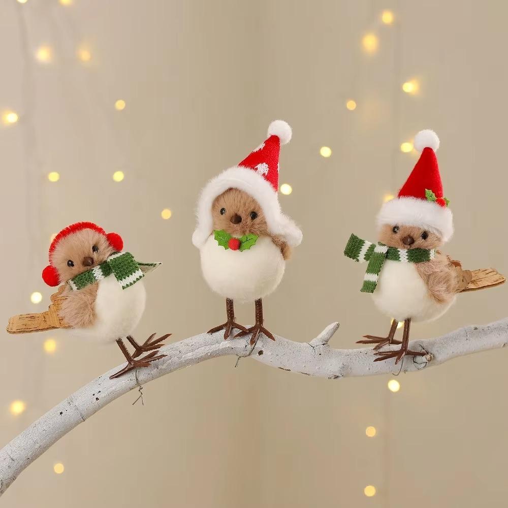 1/3 Stück Plüsch Mini Pelzige Rotkehlchen Vogel Figuren Weihnachtsmannmütze Weihnachten Haus Fenster Dekoration Kamin