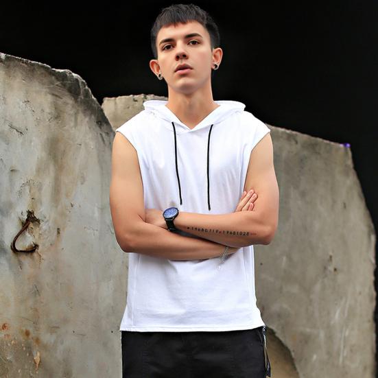 Men Vest Hooded Adjustable Drawstring Sleeveless Summer Vest Wide Shoulder Straps Pure Color Quick Drying Sports Tops