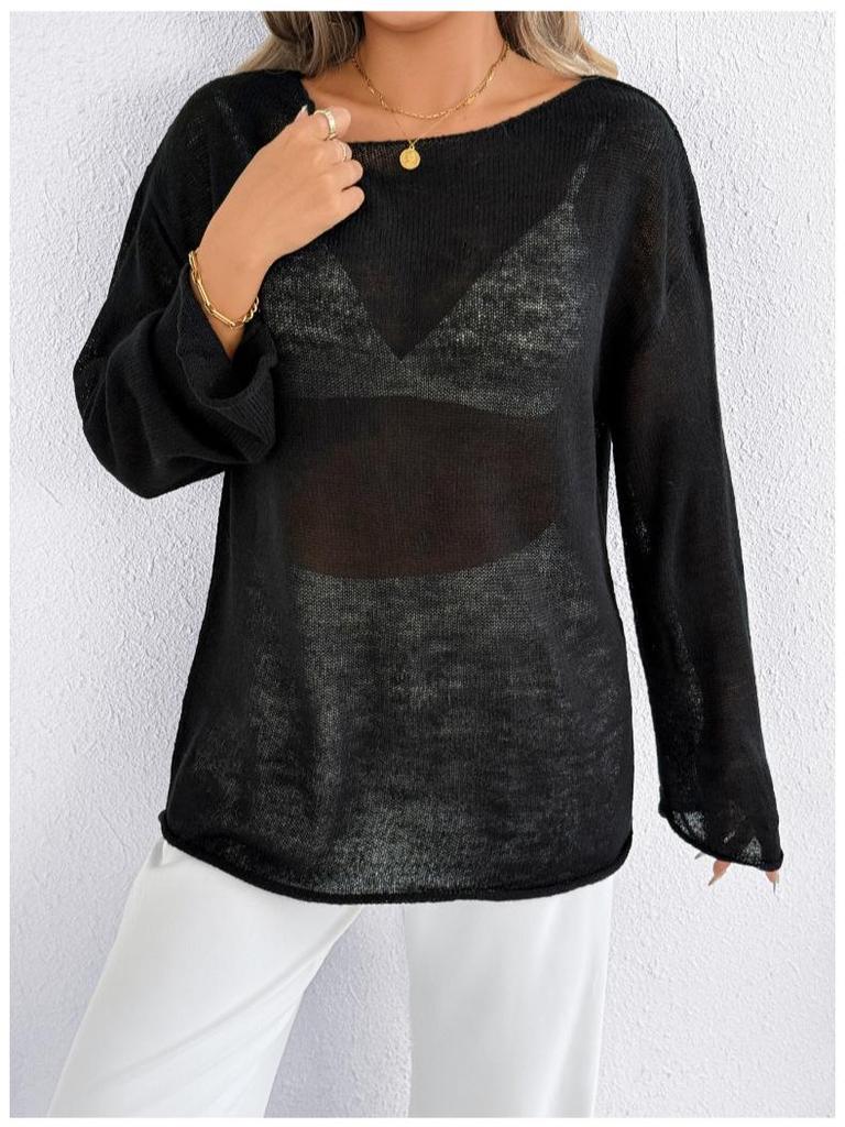 Cross-Border Casual Loose Knit Hollow Sweater: Women's Lightweight Bell Sleeve, Round Neck, Solid Color