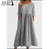 HNXC Women's Fashion Summer Spring Solid Color Print Short Sleeve O-Neck High Waist Casual Dresses
