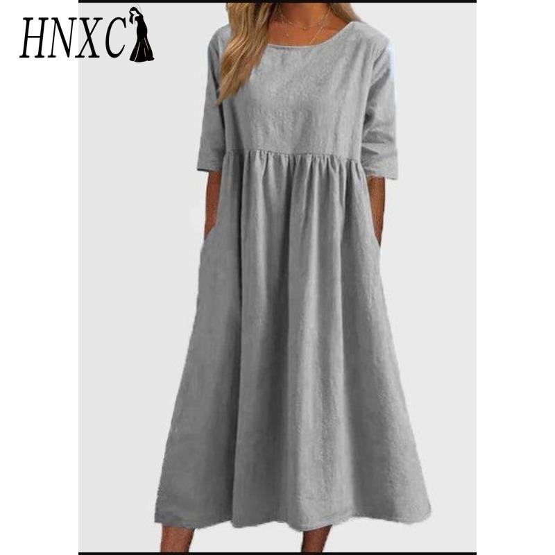 HNXC Women's Fashion Summer Spring Solid Color Print Short Sleeve O-Neck High Waist Casual Dresses