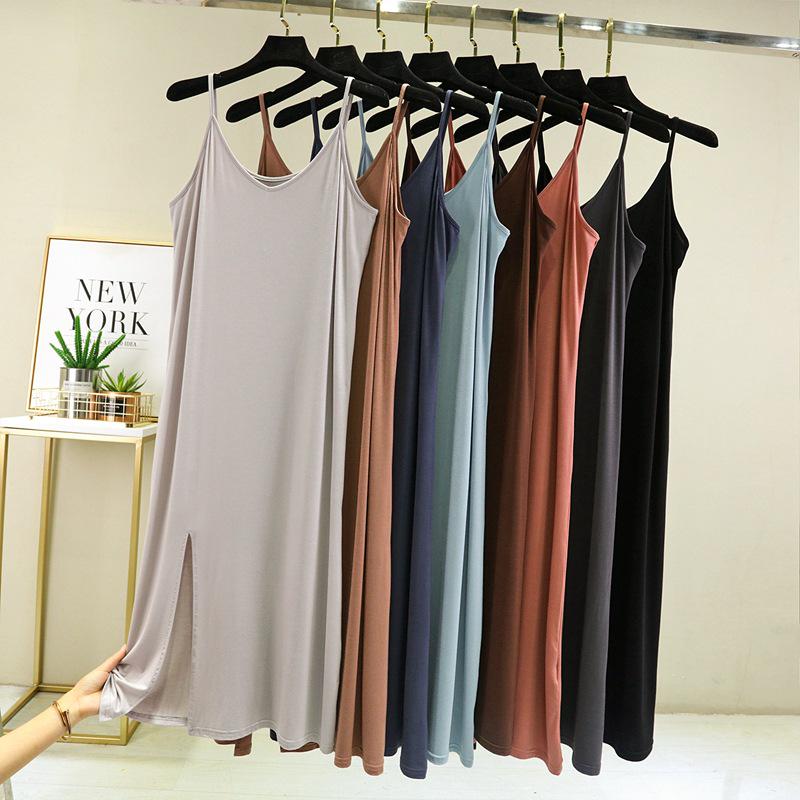 Korean Style Women's Modal Slimming V-Neck Spaghetti Strap Dress with Slit, Plus Size – Spring/Summer Collection