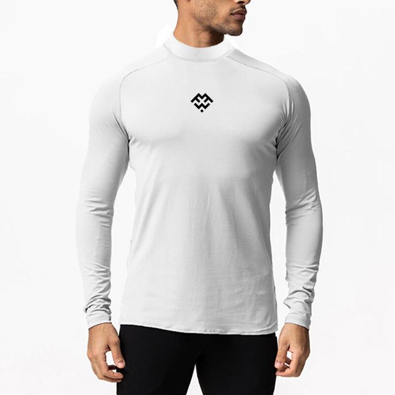 Muscleguys Spring and Autumn Korean Pure White Fitness Long Sleeved Men's Round Neck Casual T-shirt