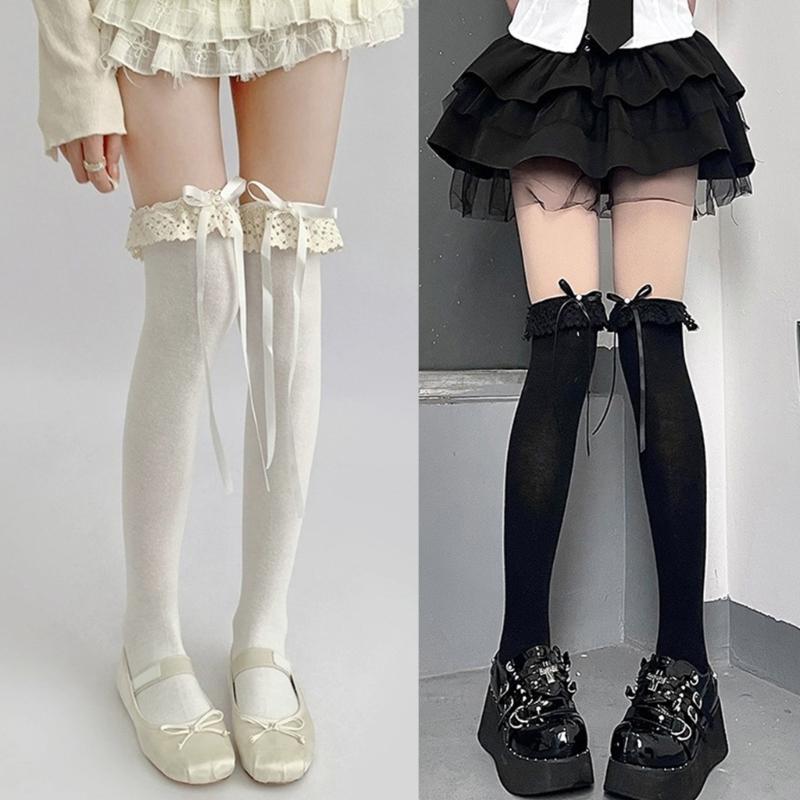 Cute Lace Ruffle Trim Frilly Over The Knee Long Socks for Women JK Girl Student Sweet Ribbon Bowknot Thigh High Stocking