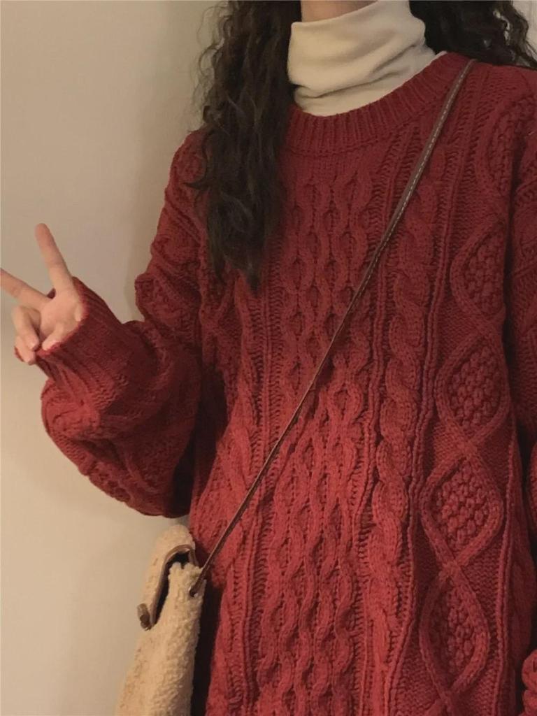 Women's Red Cable Knit Sweater - Cozy Autumn/Winter Japanese Retro Loose Fit