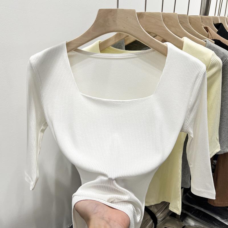 Black Square Collar Five-point Sleeve T-shirt for Women's Spring New Style for Korean Half-sleeved Top