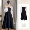 Abiti da Donna Moda Manica Lunga Nero Vintage Stile Francese Primavera Autunno Collo Quadrato Allacciatura