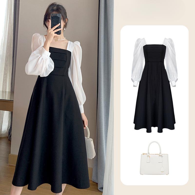 Abiti da Donna Moda Manica Lunga Nero Vintage Stile Francese Primavera Autunno Collo Quadrato Allacciatura