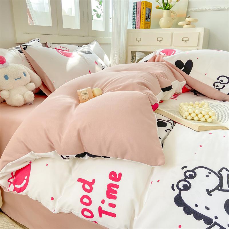 Class A Small and fresh 100% washed cotton 4pcs set, pure cotton polished quilt cover, single bed hat, student dormitory three 4-piece set