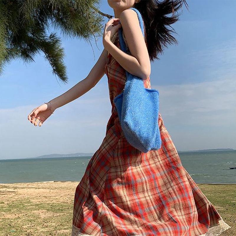 Lined French Lace Plaid One-Shoulder Camisole Dress with Cinched Waist for Women